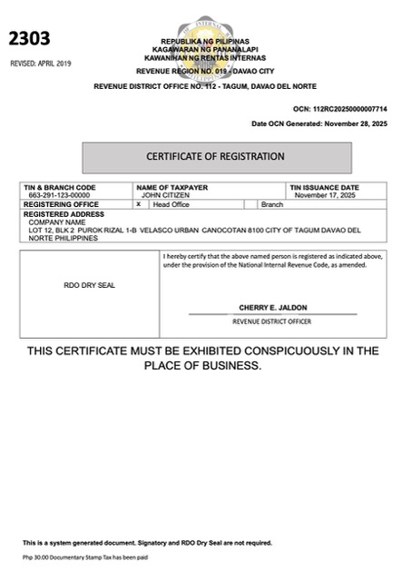 Philippines certificate of registration Word and PDF template, version 4